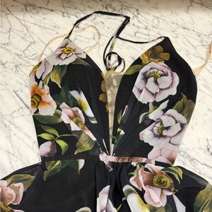 Faviana Black Floral Plunge Neck Gown